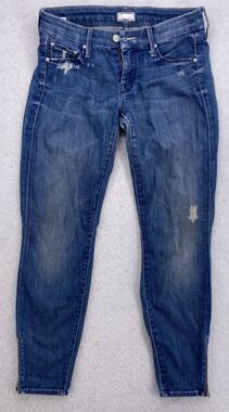 Mother Looker Crop Zip Jeans  Graffiti Girl Wash 24 Skinny Fit Blue Distressed